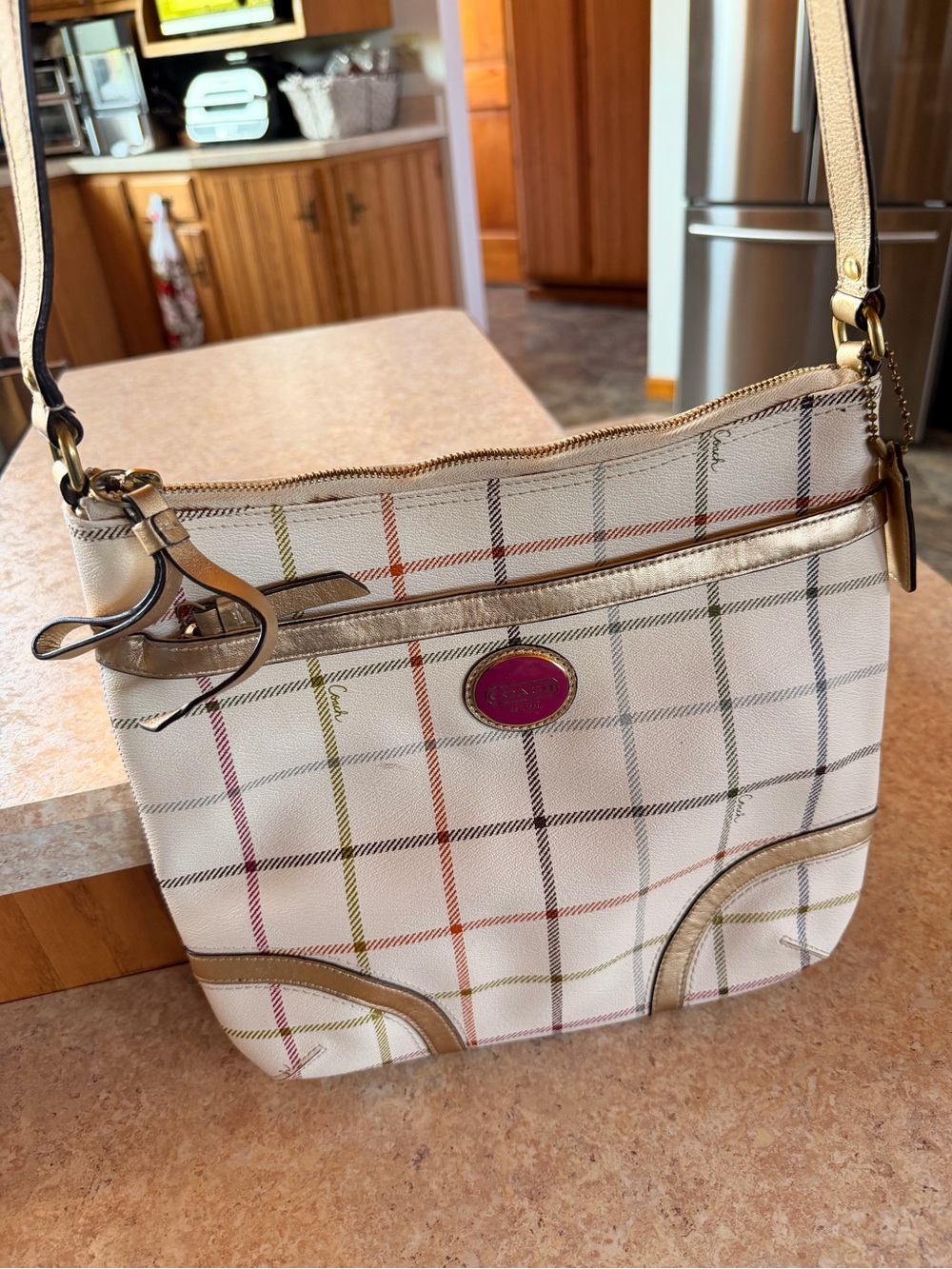 Coach White Plaid Crossbody Shoulder Bag with Multicolor Checks